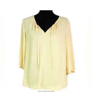 Banana Republic Yellow white Blouse with Tie Neck 3/4 sleeve medium lightweight
